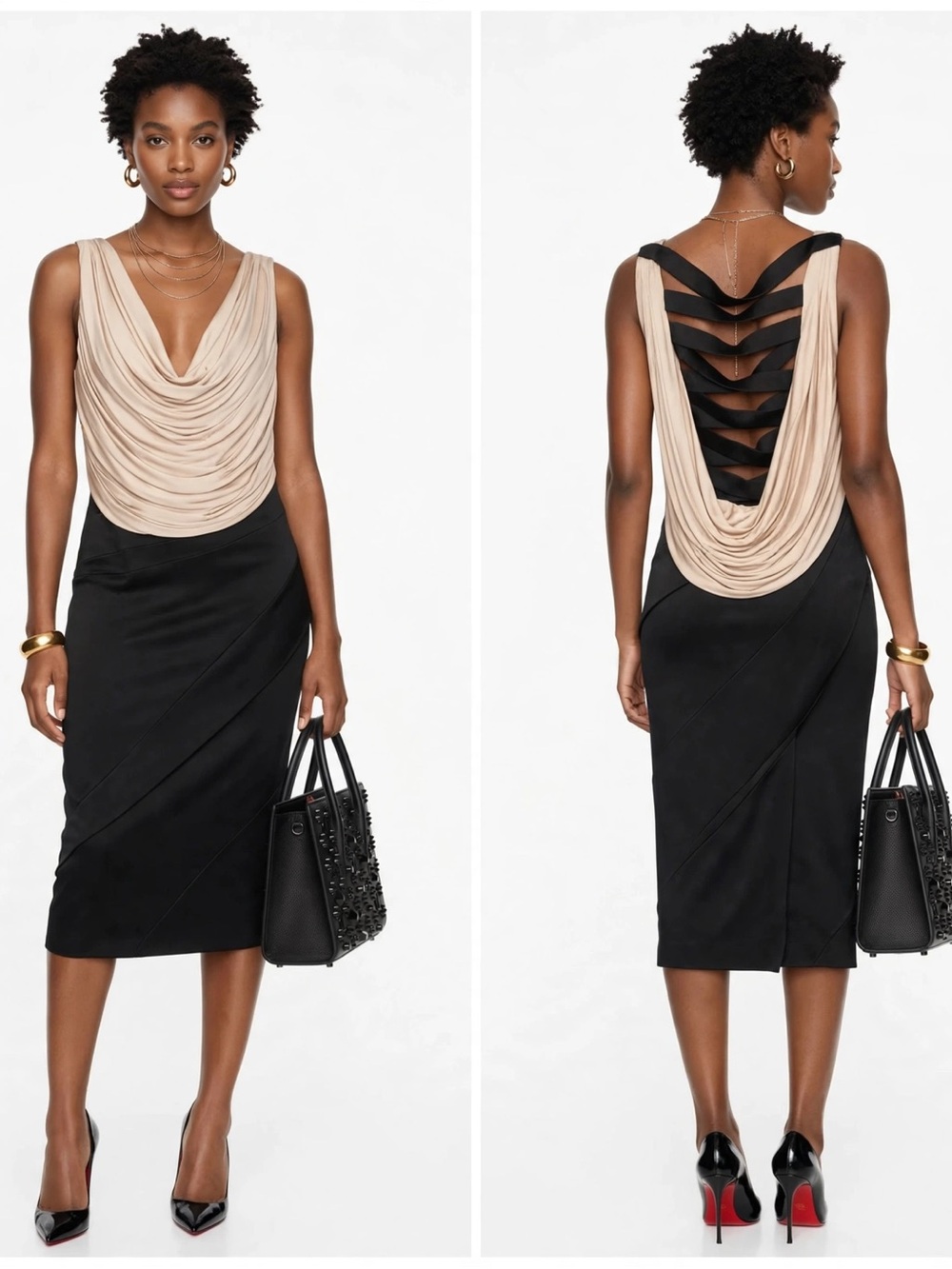 Karen Millen Beige and Black Draped-Back Midi Dress